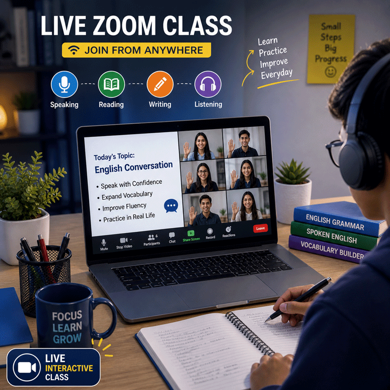 Student attending live Zoom English class with laptop and headphones, interactive online learning environment