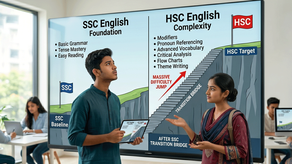 Students reviewing the SSC to HSC English transition bridge during an After SSC English Course.