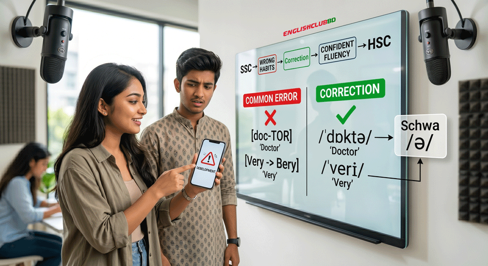 Students learning British English phonetics and correcting pronunciation mistakes in an After SSC English Course.